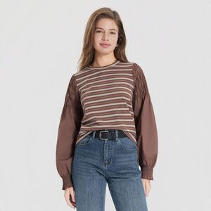 Women's Puff Long Sleeve Blouse - Universal Thread Brown/White